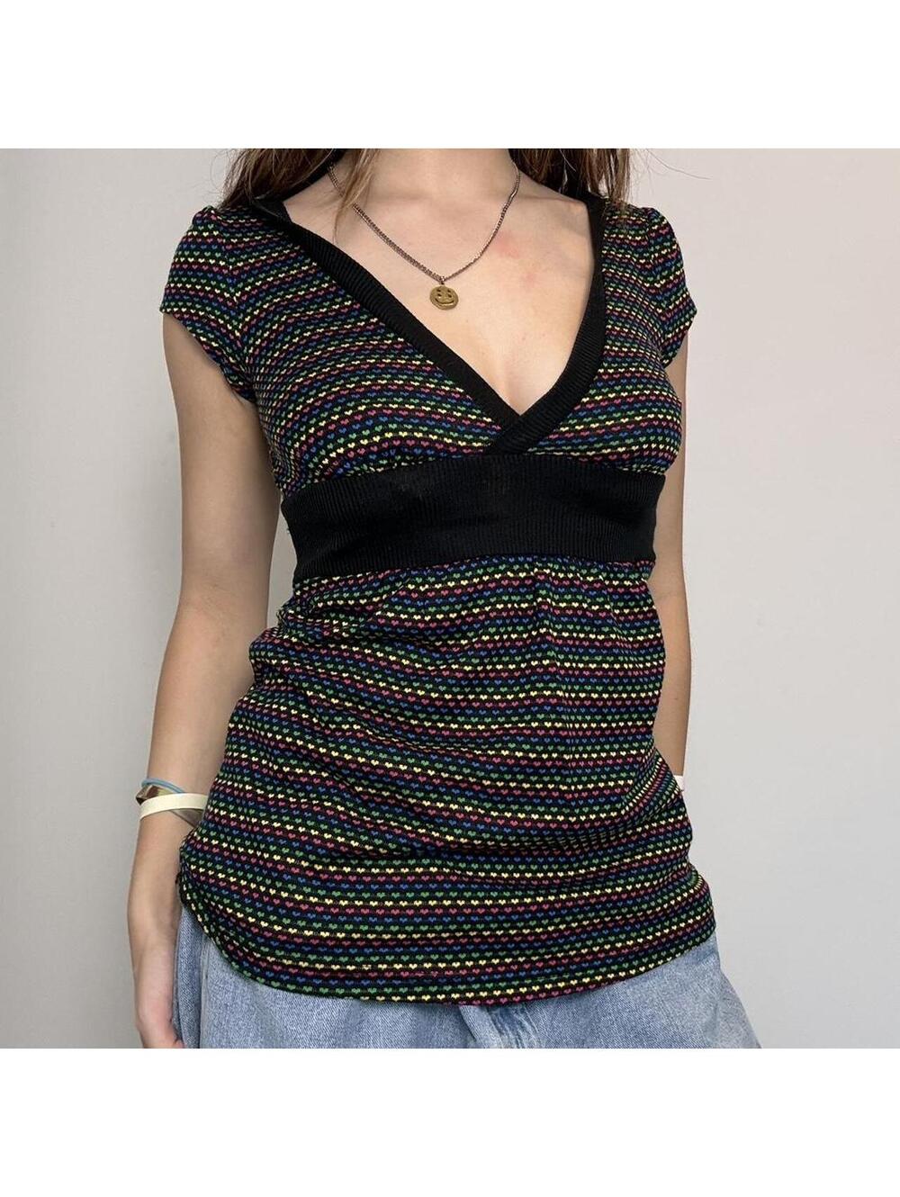 Vintage black babydoll top with mini rainbow hearts! size small